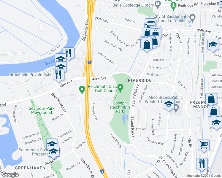 map of restaurants, bars, coffee shops, grocery stores, and more near 6200 Gloria Drive in Sacramento