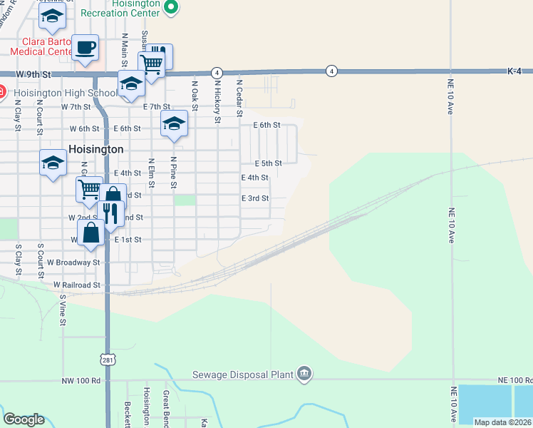 map of restaurants, bars, coffee shops, grocery stores, and more near 807 East 3rd Street in Hoisington