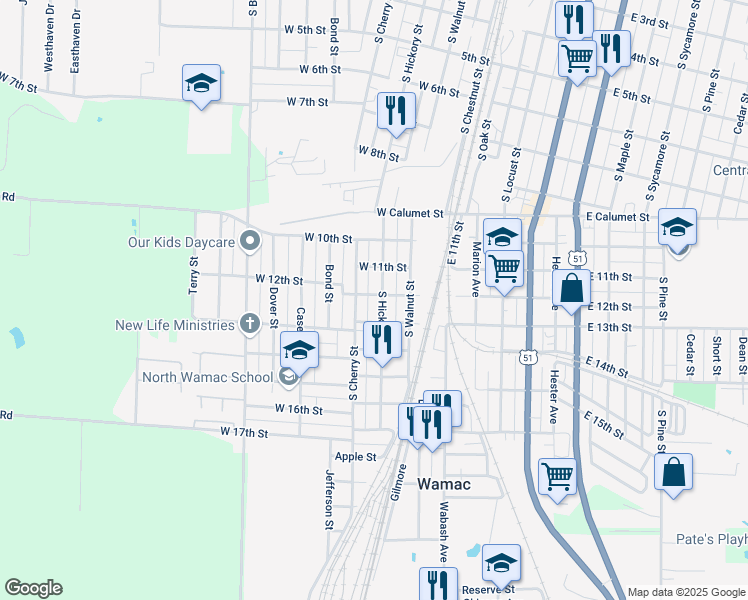 map of restaurants, bars, coffee shops, grocery stores, and more near 1101-1199 South Hickory Street in Centralia