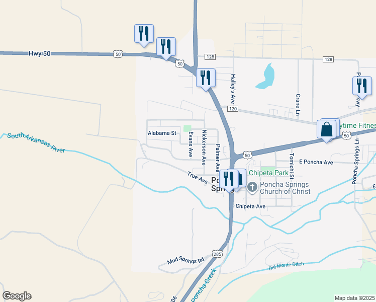 map of restaurants, bars, coffee shops, grocery stores, and more near 95 Evans Avenue in Salida