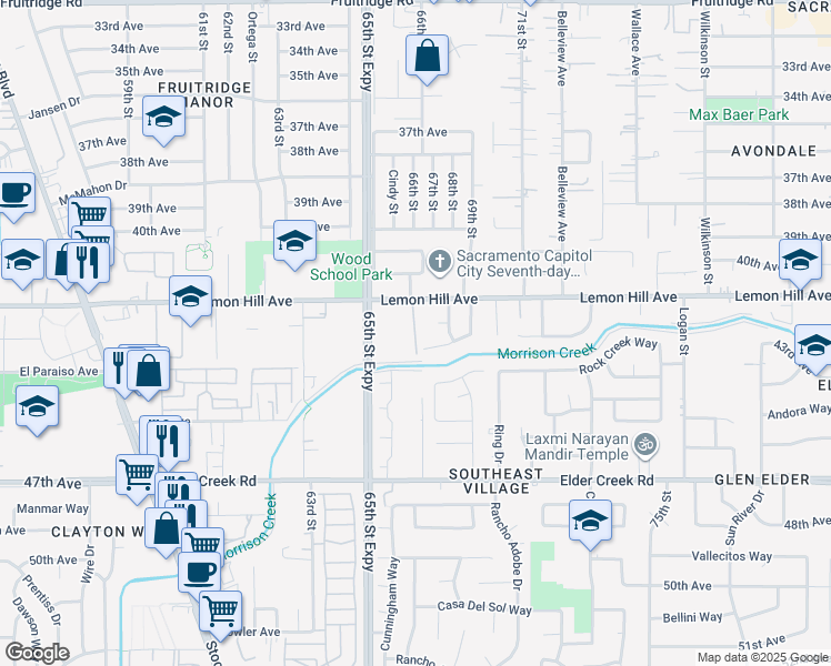 map of restaurants, bars, coffee shops, grocery stores, and more near 9 Bryce Court in Sacramento