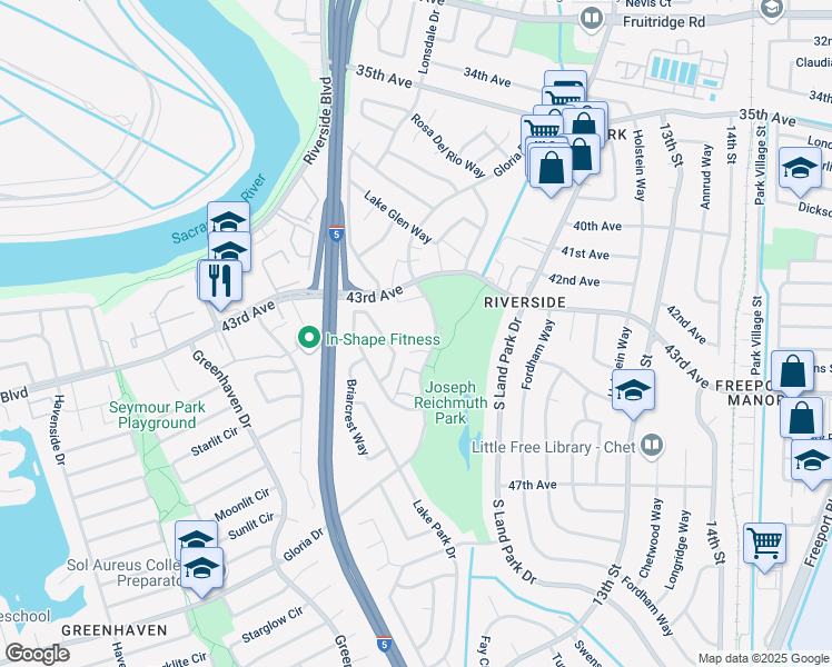 map of restaurants, bars, coffee shops, grocery stores, and more near 6140 Gloria Drive in Sacramento