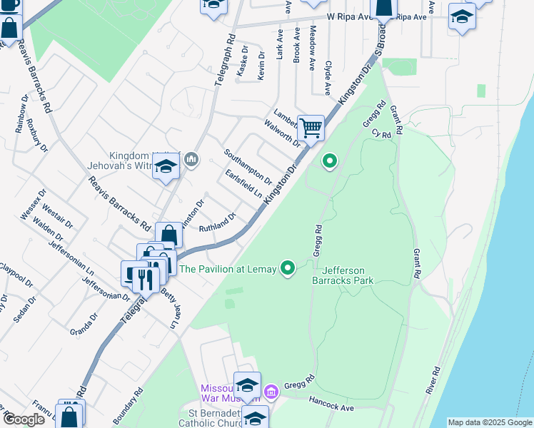 map of restaurants, bars, coffee shops, grocery stores, and more near 344 Kingston Drive in St. Louis