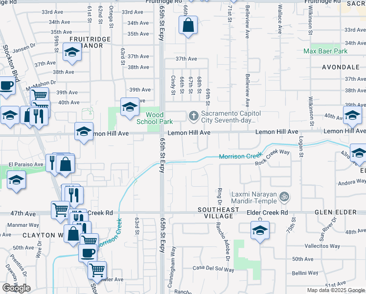 map of restaurants, bars, coffee shops, grocery stores, and more near 6624 Lemon Hill Avenue in Sacramento