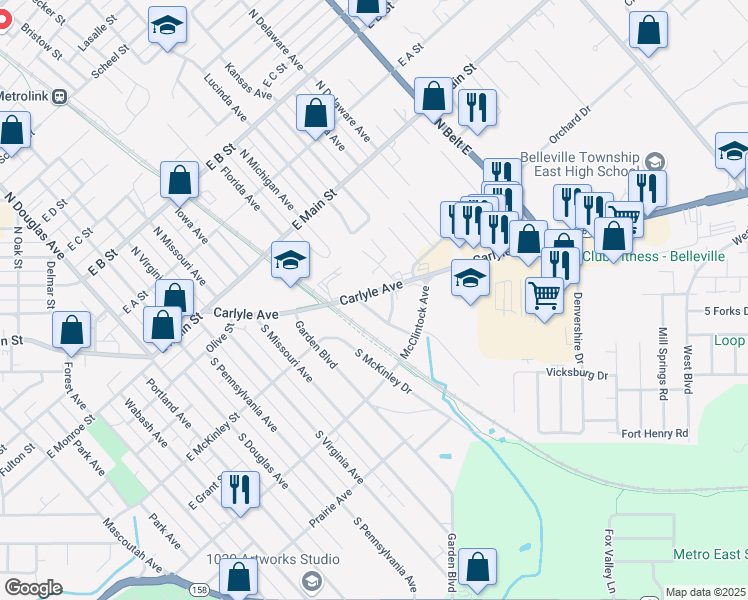 map of restaurants, bars, coffee shops, grocery stores, and more near 308 Carlyle Avenue in Belleville