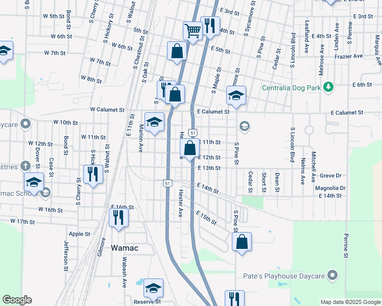 map of restaurants, bars, coffee shops, grocery stores, and more near 518 East 12th Street in Centralia