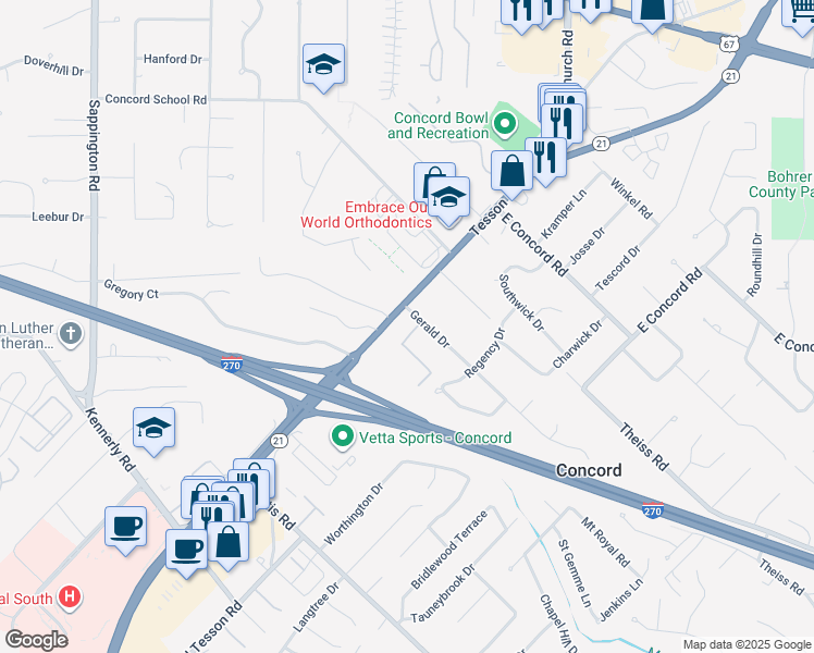 map of restaurants, bars, coffee shops, grocery stores, and more near 9956 Merito Drive in St. Louis