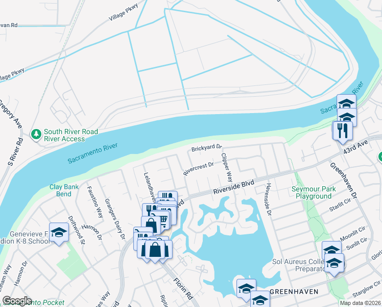 map of restaurants, bars, coffee shops, grocery stores, and more near 639 Brickyard Drive in Sacramento