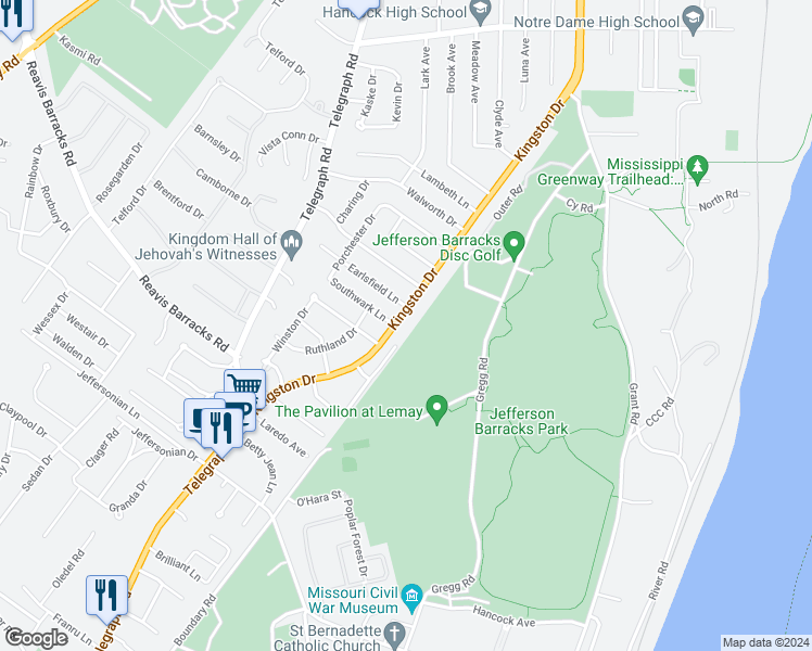 map of restaurants, bars, coffee shops, grocery stores, and more near 344 Kingston Drive in St. Louis