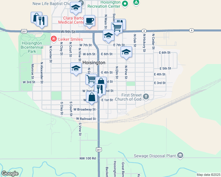 map of restaurants, bars, coffee shops, grocery stores, and more near 211 North Elm Street in Hoisington