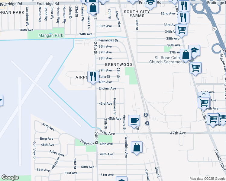 map of restaurants, bars, coffee shops, grocery stores, and more near 2513 Encinal Avenue in Sacramento