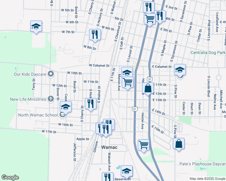 map of restaurants, bars, coffee shops, grocery stores, and more near 100 East 12th Street in Centralia