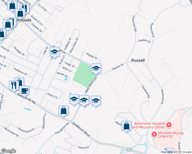 map of restaurants, bars, coffee shops, grocery stores, and more near 710 Red Devil Lane in Russell