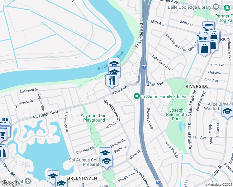 map of restaurants, bars, coffee shops, grocery stores, and more near 920 43rd Avenue in Sacramento