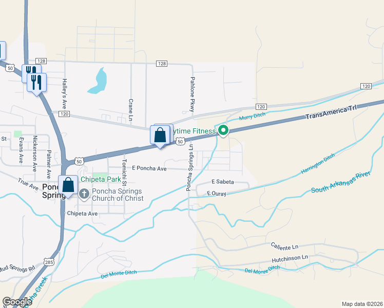 map of restaurants, bars, coffee shops, grocery stores, and more near 1024 Poncha Springs Lane in Salida