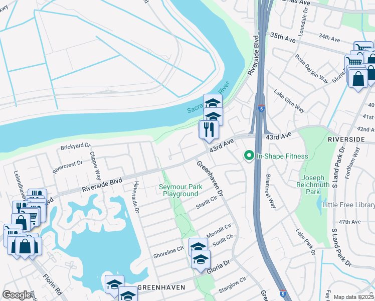 map of restaurants, bars, coffee shops, grocery stores, and more near 6138 Riverside Boulevard in Sacramento