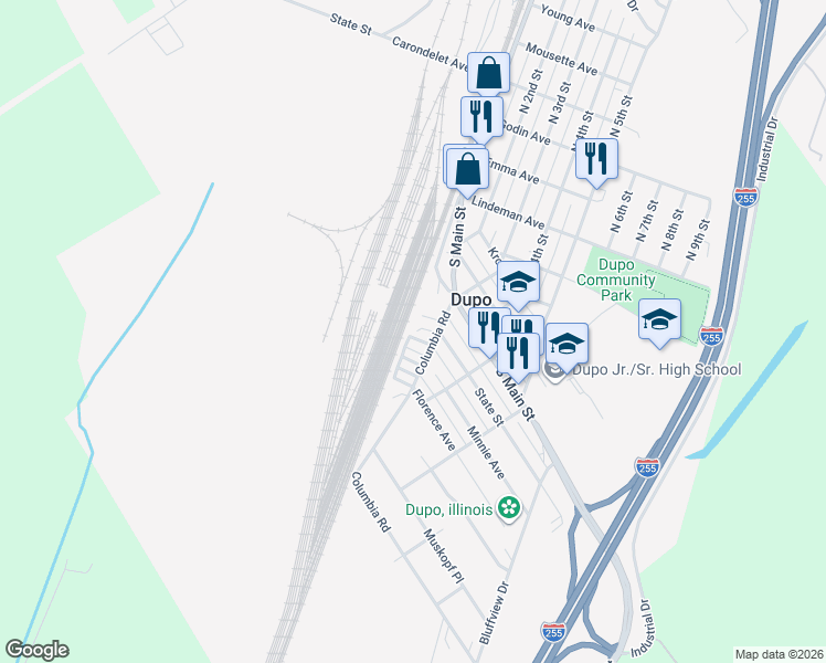 map of restaurants, bars, coffee shops, grocery stores, and more near 112 Wallace Avenue in Dupo