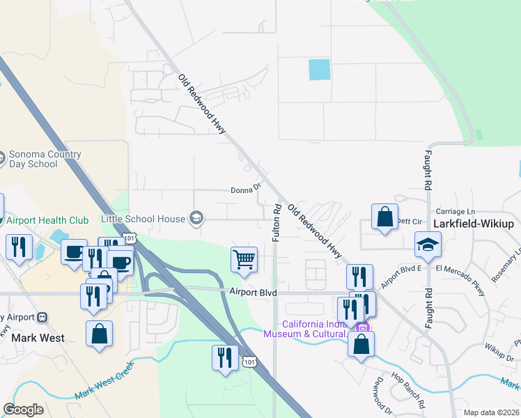 map of restaurants, bars, coffee shops, grocery stores, and more near 77 Ranchito Court in Santa Rosa