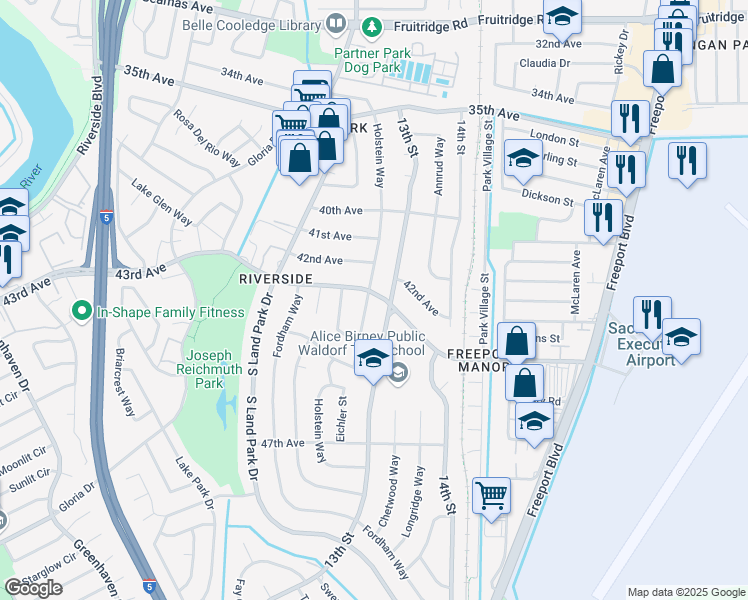 map of restaurants, bars, coffee shops, grocery stores, and more near 1278 43rd Avenue in Sacramento