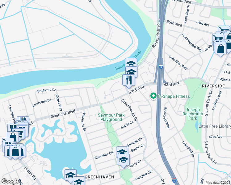 map of restaurants, bars, coffee shops, grocery stores, and more near 6120 Riverside Boulevard in Sacramento