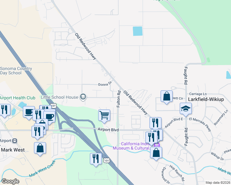 map of restaurants, bars, coffee shops, grocery stores, and more near 77 Ranchito Court in Santa Rosa