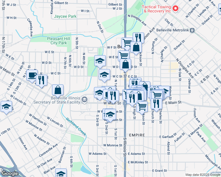 map of restaurants, bars, coffee shops, grocery stores, and more near 112 West B Street in Belleville