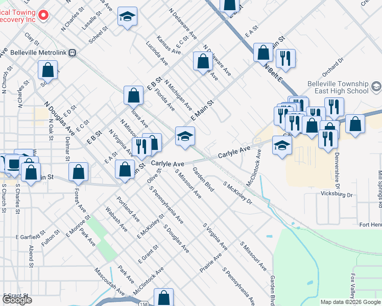 map of restaurants, bars, coffee shops, grocery stores, and more near 125 Carlyle Avenue in Belleville