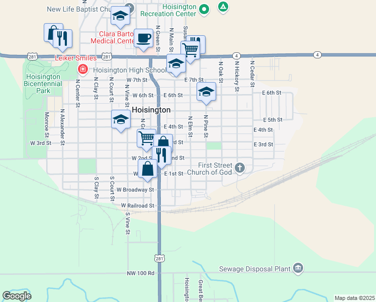 map of restaurants, bars, coffee shops, grocery stores, and more near 211 North Elm Street in Hoisington