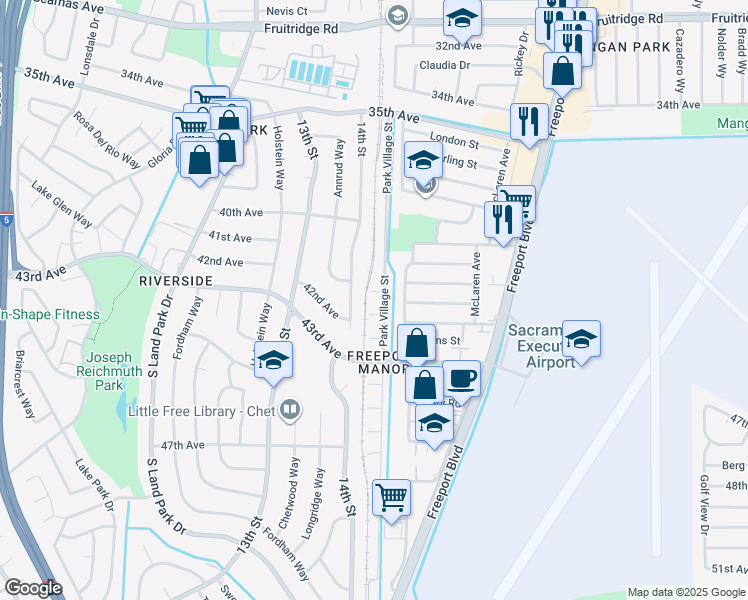 map of restaurants, bars, coffee shops, grocery stores, and more near 11 Shady Park Court in Sacramento