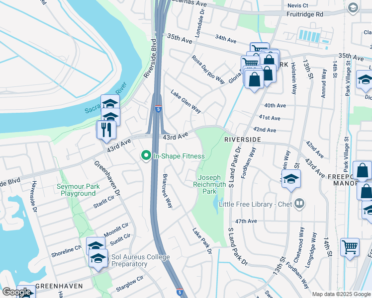 map of restaurants, bars, coffee shops, grocery stores, and more near 6120 Gloria Drive in Sacramento