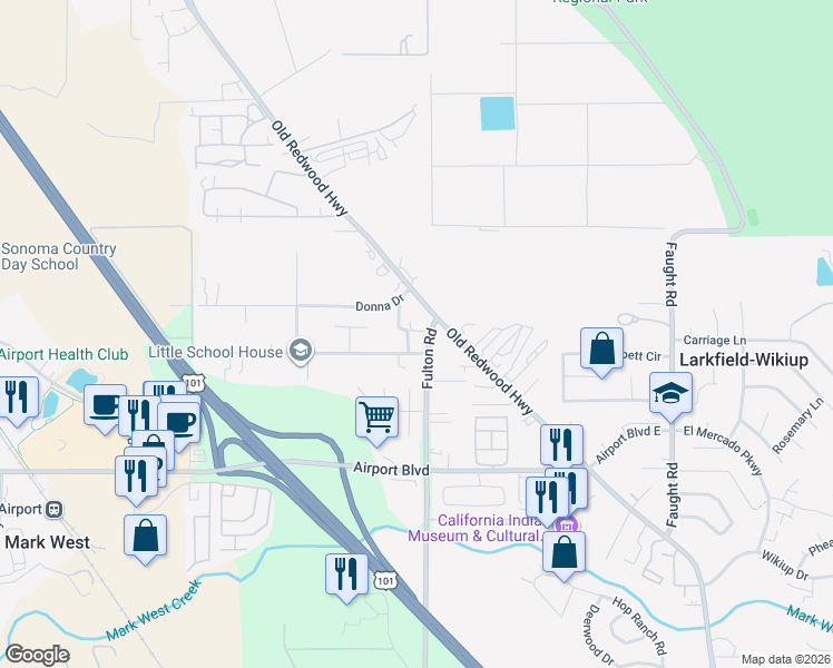 map of restaurants, bars, coffee shops, grocery stores, and more near 77 Ranchito Court in Santa Rosa