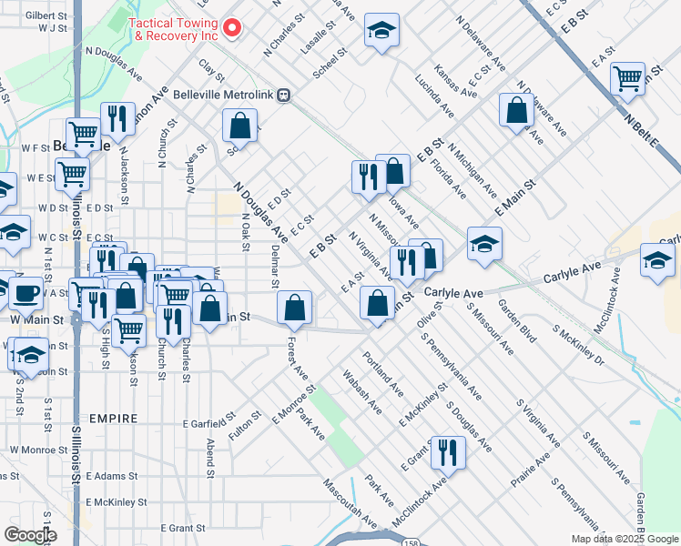 map of restaurants, bars, coffee shops, grocery stores, and more near 115 North Pennsylvania Avenue in Belleville