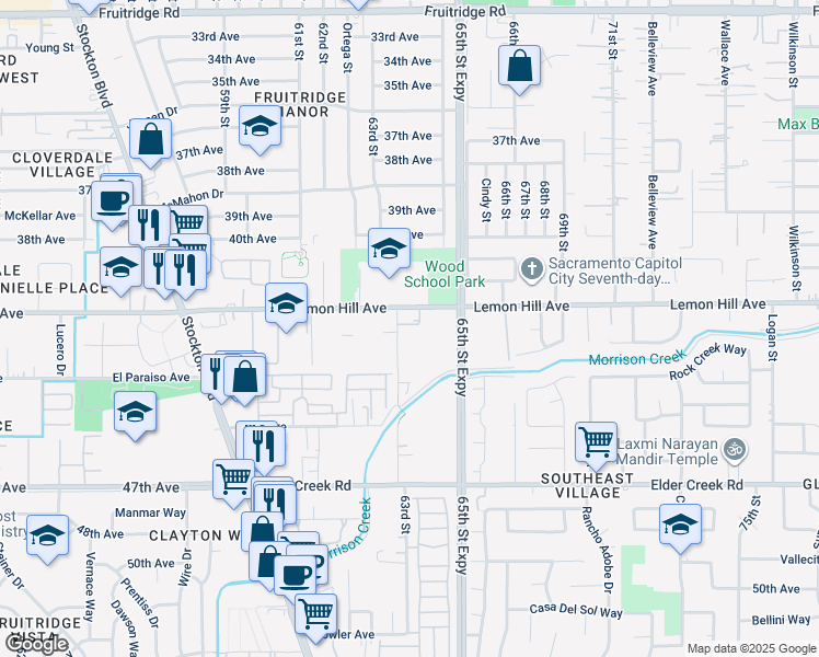 map of restaurants, bars, coffee shops, grocery stores, and more near 6115 63rd Street in Sacramento