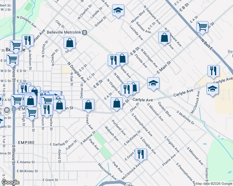 map of restaurants, bars, coffee shops, grocery stores, and more near 41 North Virginia Avenue in Belleville