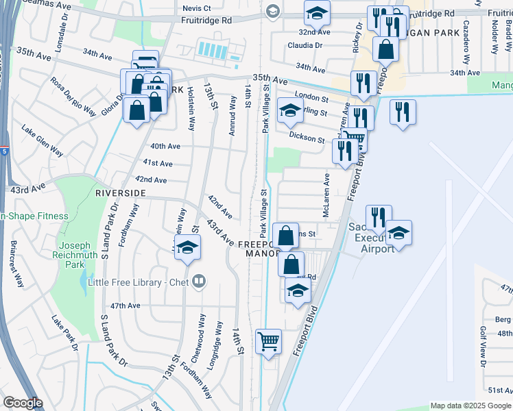 map of restaurants, bars, coffee shops, grocery stores, and more near 11 Shady Park Court in Sacramento