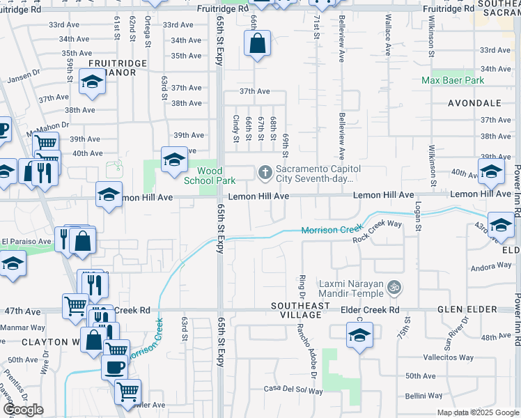map of restaurants, bars, coffee shops, grocery stores, and more near 9 Bryce Court in Sacramento