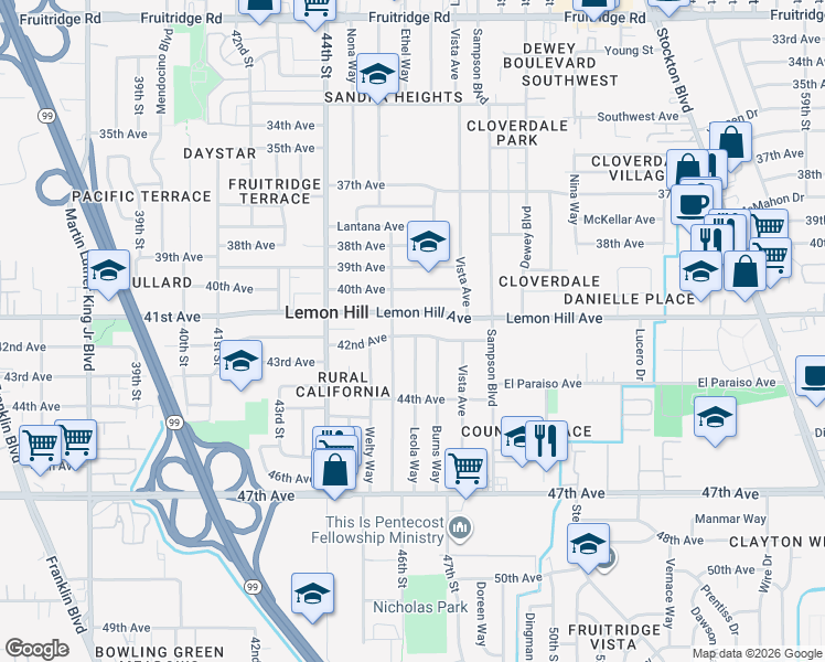 map of restaurants, bars, coffee shops, grocery stores, and more near 4613 42nd Avenue in Sacramento
