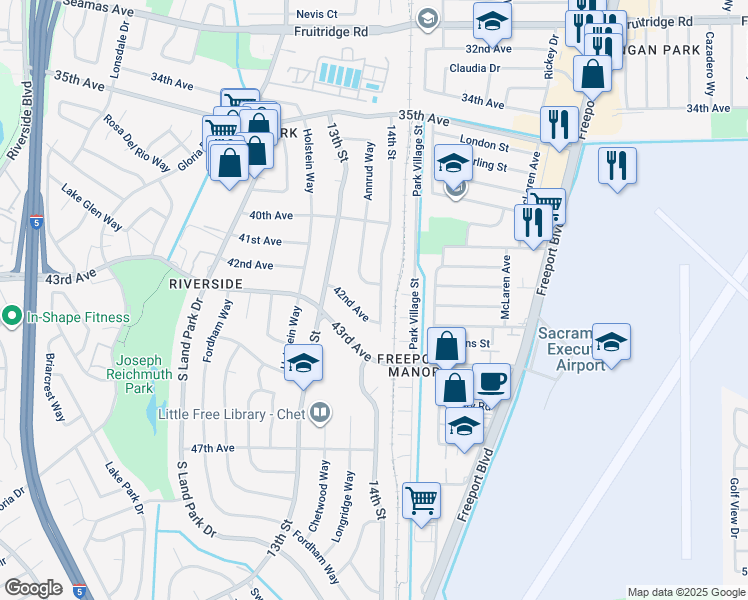 map of restaurants, bars, coffee shops, grocery stores, and more near 6088 14th Street in Sacramento