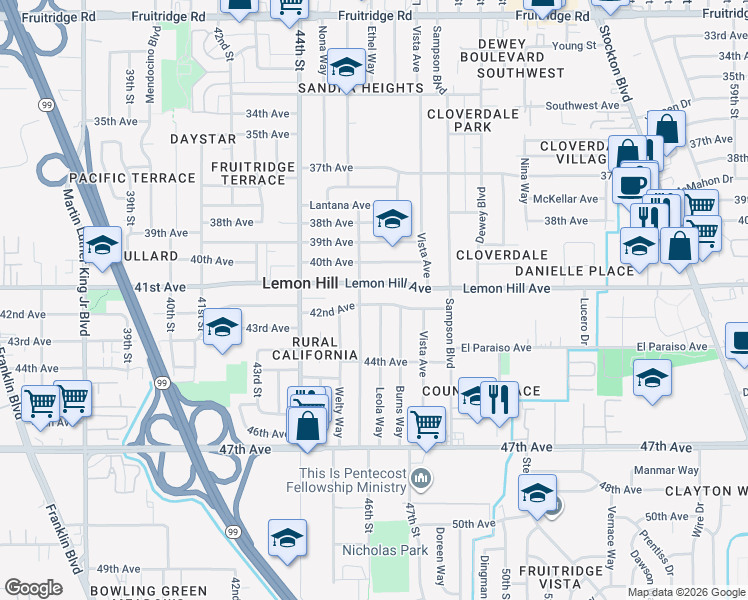 map of restaurants, bars, coffee shops, grocery stores, and more near 4613 42nd Avenue in Sacramento