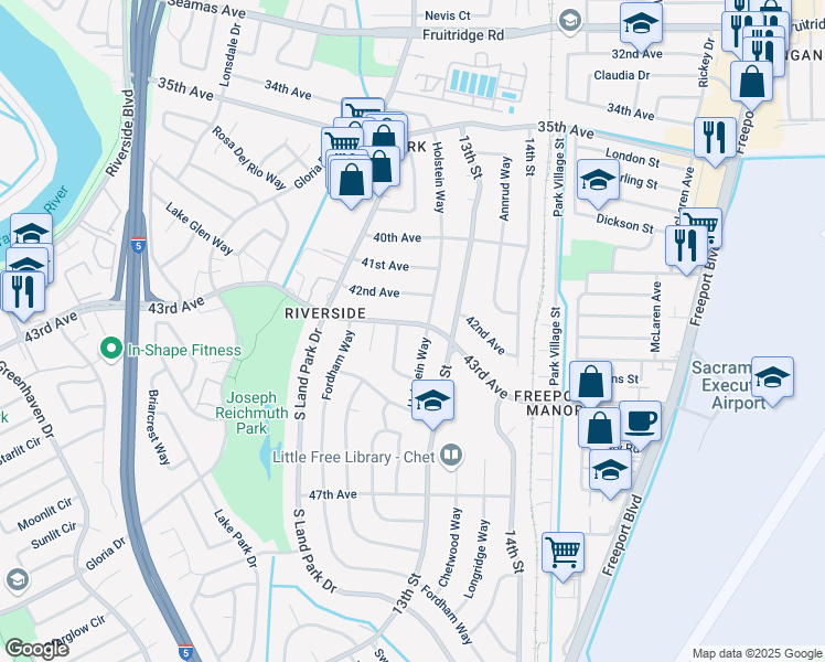 map of restaurants, bars, coffee shops, grocery stores, and more near 1278 43rd Avenue in Sacramento