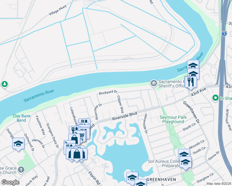 map of restaurants, bars, coffee shops, grocery stores, and more near 688 Clipper Way in Sacramento