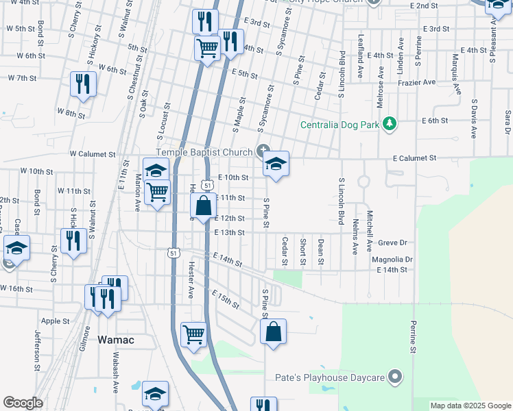 map of restaurants, bars, coffee shops, grocery stores, and more near 1100-1148 South Sycamore Street in Centralia