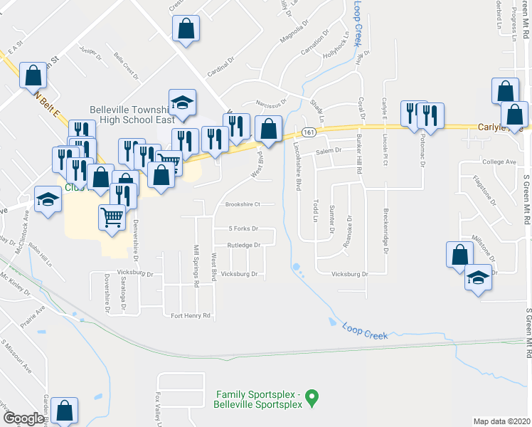 map of restaurants, bars, coffee shops, grocery stores, and more near 1040 Brookshire Court in Belleville