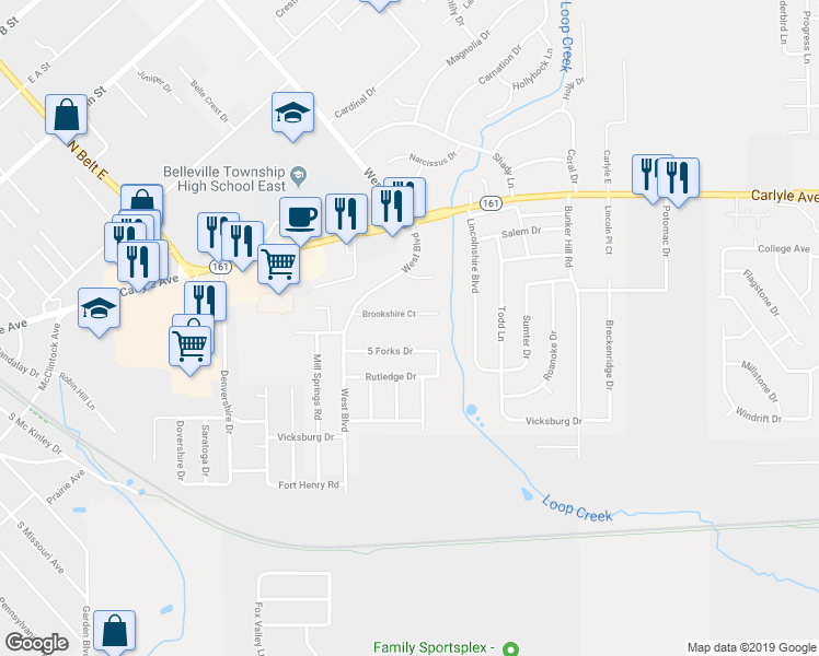 map of restaurants, bars, coffee shops, grocery stores, and more near 1040 Brookshire Court in Belleville