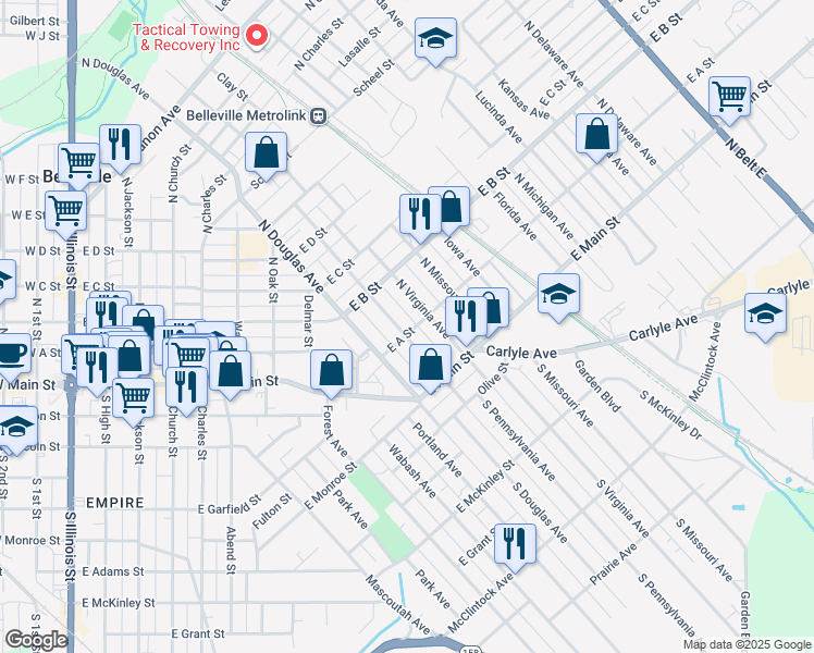 map of restaurants, bars, coffee shops, grocery stores, and more near 115 North Pennsylvania Avenue in Belleville