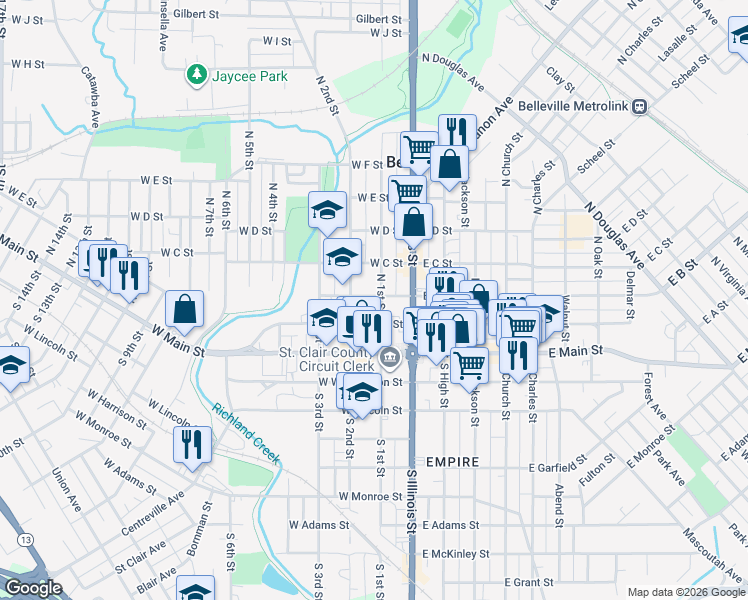 map of restaurants, bars, coffee shops, grocery stores, and more near 112 West B Street in Belleville