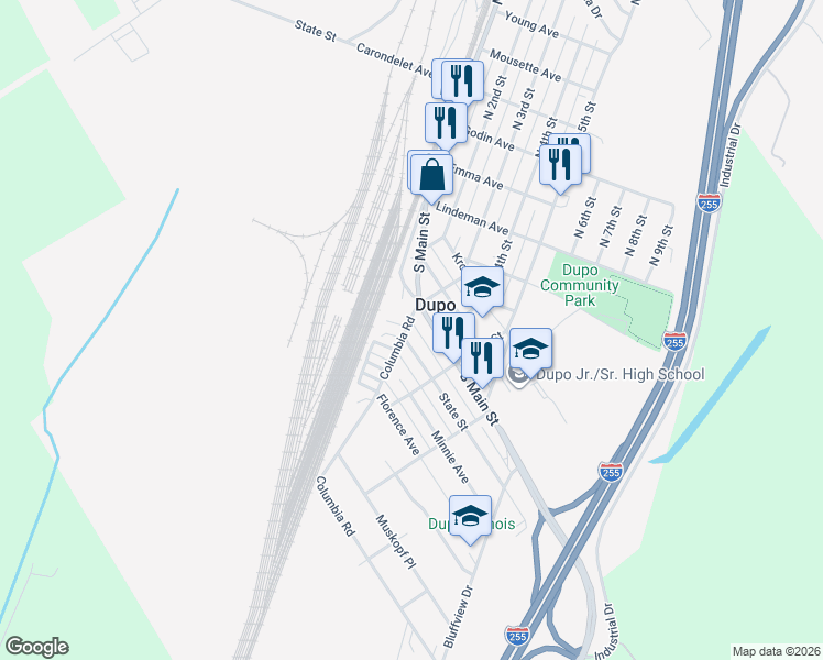 map of restaurants, bars, coffee shops, grocery stores, and more near 526 Columbia Road in Dupo