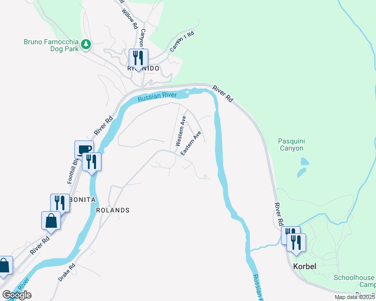 map of restaurants, bars, coffee shops, grocery stores, and more near 14569 Eastern Avenue in Guerneville