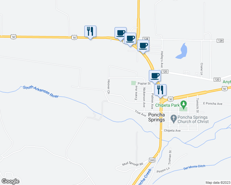 map of restaurants, bars, coffee shops, grocery stores, and more near 650 Hoover Circle in Salida