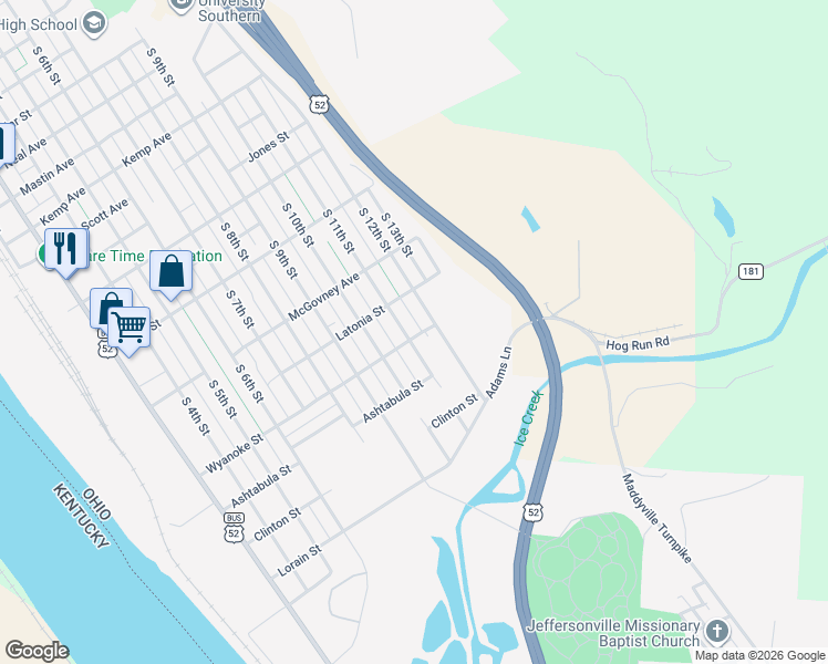 map of restaurants, bars, coffee shops, grocery stores, and more near 2729 South 11th Street in Ironton